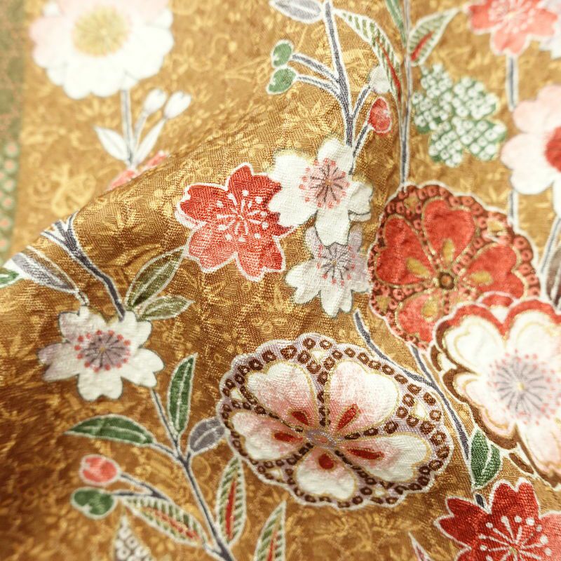 小紋 良品 しつけ糸付き 正絹 花柄 袷仕立て 身丈164.5cm 裄丈67.5cm 金彩 桜	着物 茶_画像21