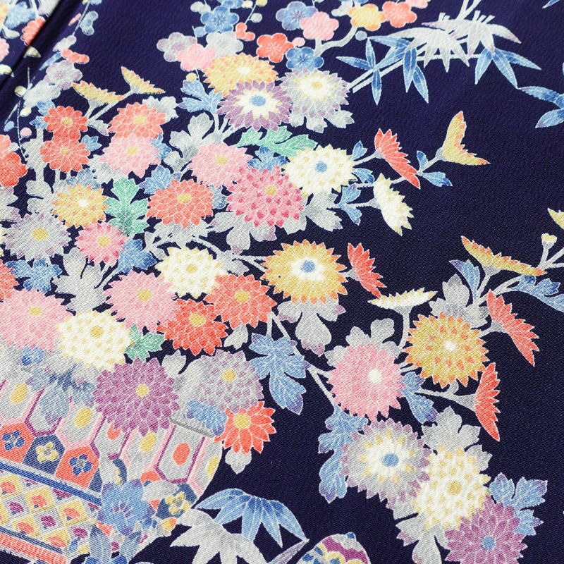 小紋 良品 しつけ糸付き 縮緬 正絹 古典柄 袷仕立て 身丈159.5cm 裄丈66.5cm 着物 青・紺_画像7