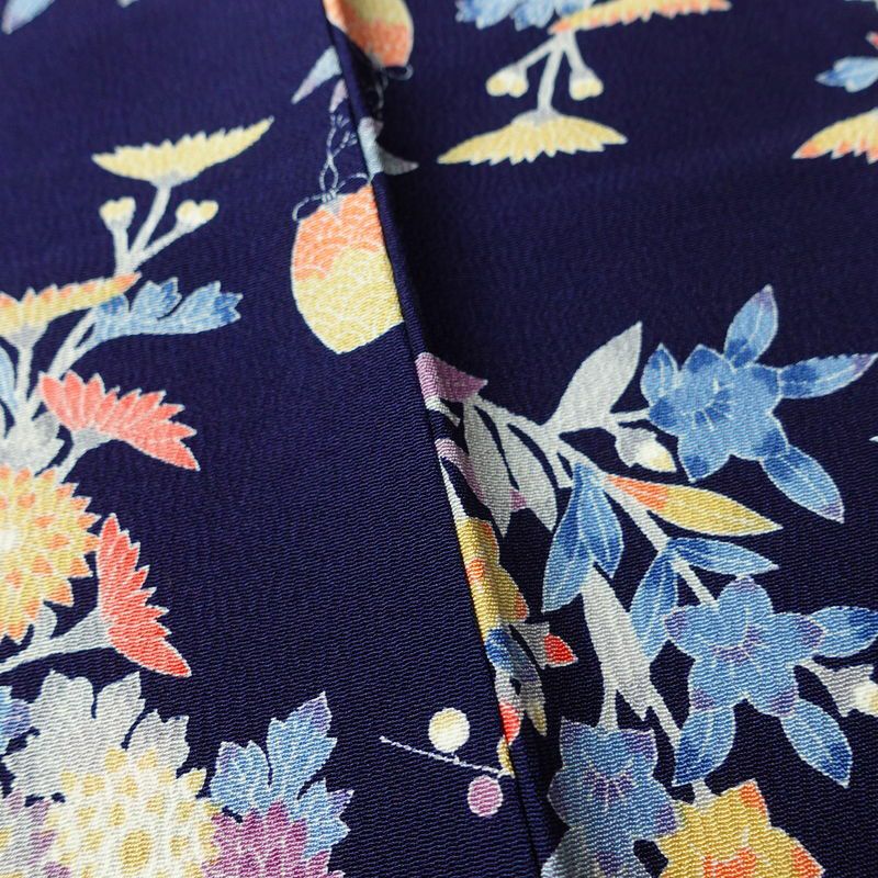 小紋 良品 しつけ糸付き 縮緬 正絹 古典柄 袷仕立て 身丈159.5cm 裄丈66.5cm 着物 青・紺_画像10