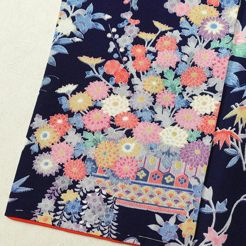 小紋 良品 しつけ糸付き 縮緬 正絹 古典柄 袷仕立て 身丈159.5cm 裄丈66.5cm 着物 青・紺_画像12