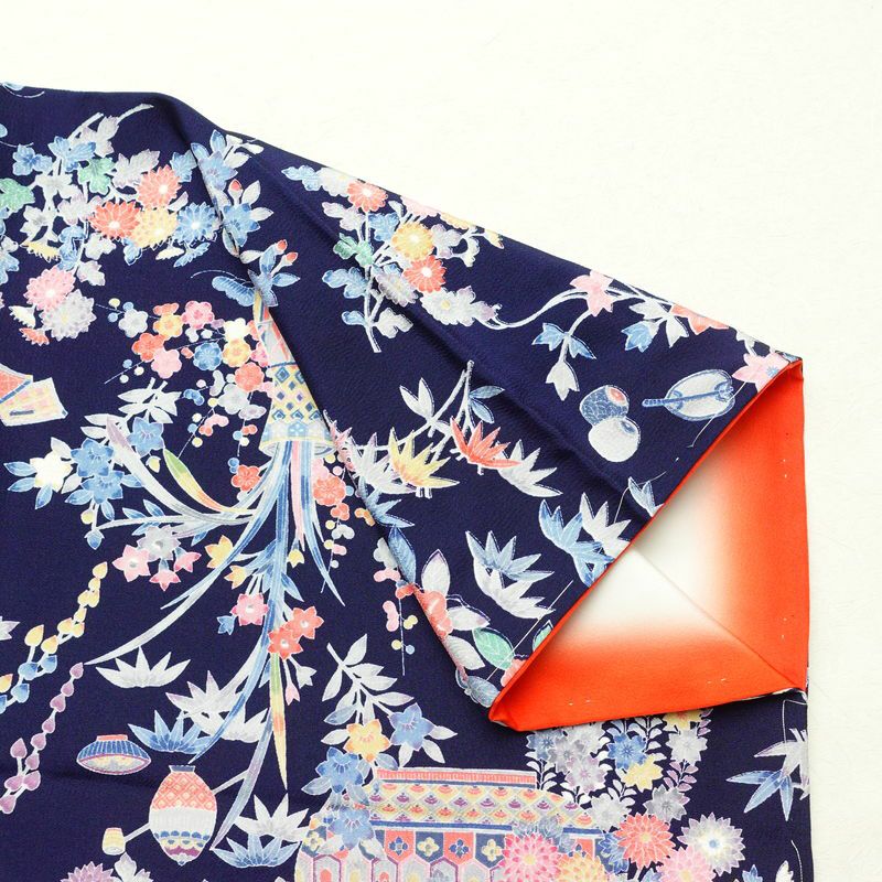 小紋 良品 しつけ糸付き 縮緬 正絹 古典柄 袷仕立て 身丈159.5cm 裄丈66.5cm 着物 青・紺_画像14