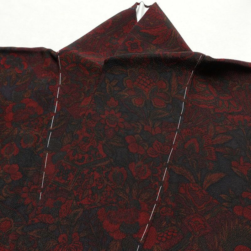 小紋 美品 しつけ糸付き 縮緬 正絹 幾何学柄・抽象柄 袷仕立て 身丈164.5cm 裄丈66.5cm 着物 小豆・エンジ_画像16