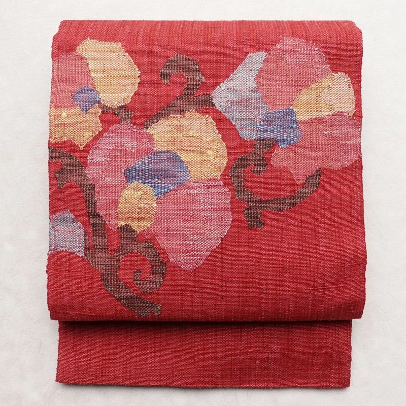 名古屋帯 紬地 太鼓柄 良品 正絹 花柄 松葉仕立て 帯 ピンク_画像1