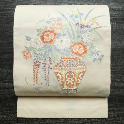 H-544 名古屋帯 名古屋仕立て 正絹 九寸 金駒 手刺繍華模様 おしどり