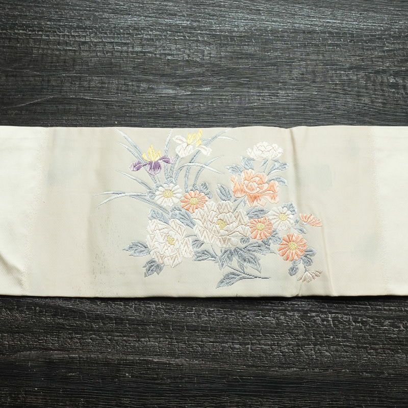 名古屋帯 太鼓柄 正絹 花柄 名古屋仕立て 帯 白_画像12