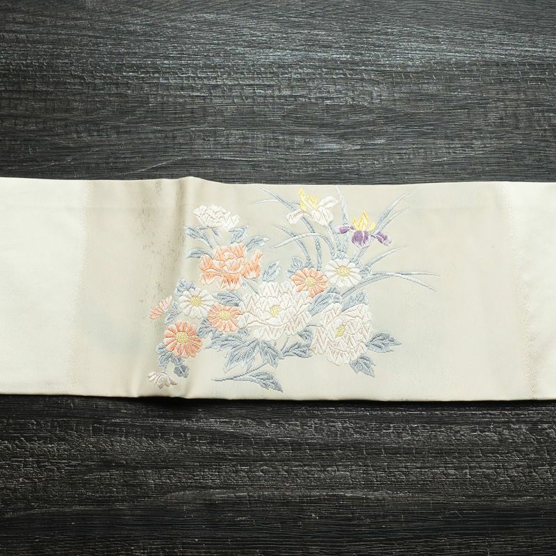 名古屋帯 太鼓柄 正絹 花柄 名古屋仕立て 帯 白_画像13