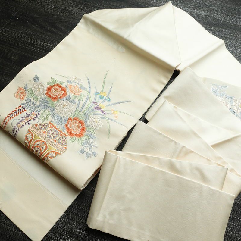 名古屋帯 太鼓柄 正絹 花柄 名古屋仕立て 帯 白_画像17