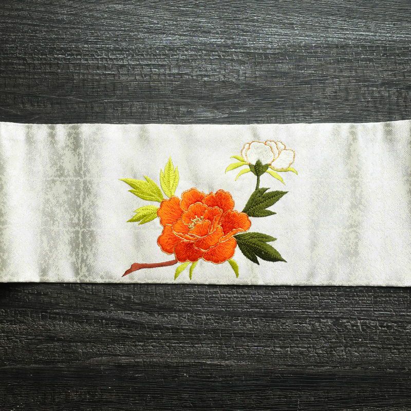名古屋帯 太鼓柄 良品 金駒刺繍 正絹 花柄 名古屋仕立て 箔 刺繍 帯 金・銀_画像13