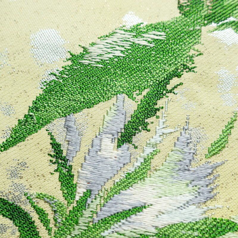 名古屋帯 太鼓柄 正絹 木の葉・植物柄 名古屋仕立て 箔 帯 緑・うぐいす色_画像4