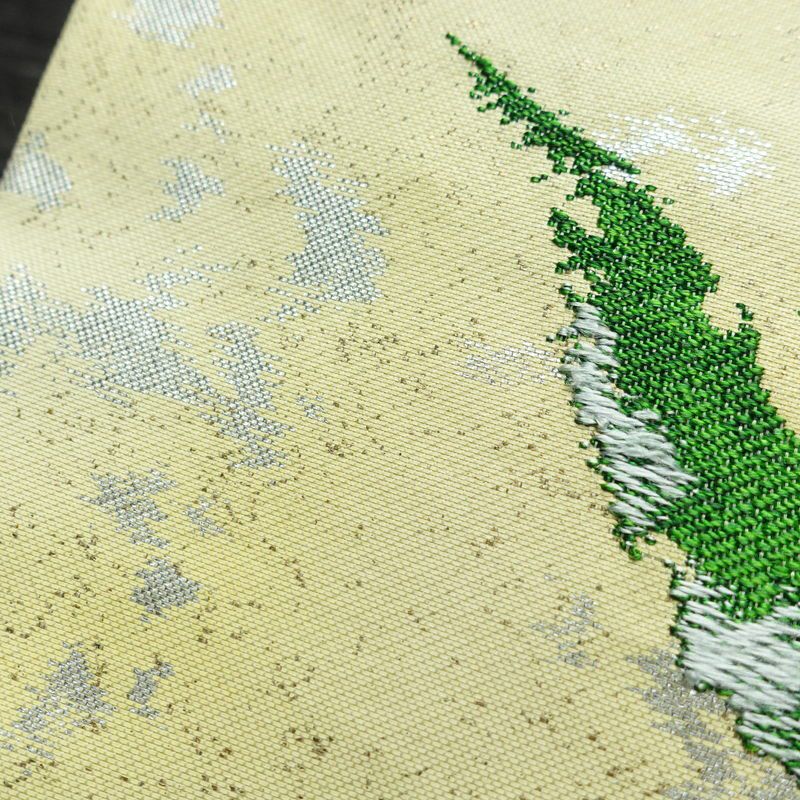 名古屋帯 太鼓柄 正絹 木の葉・植物柄 名古屋仕立て 箔 帯 緑・うぐいす色_画像5