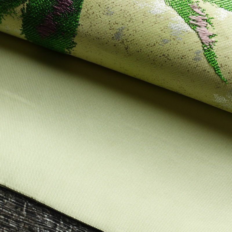 名古屋帯 太鼓柄 正絹 木の葉・植物柄 名古屋仕立て 箔 帯 緑・うぐいす色_画像7