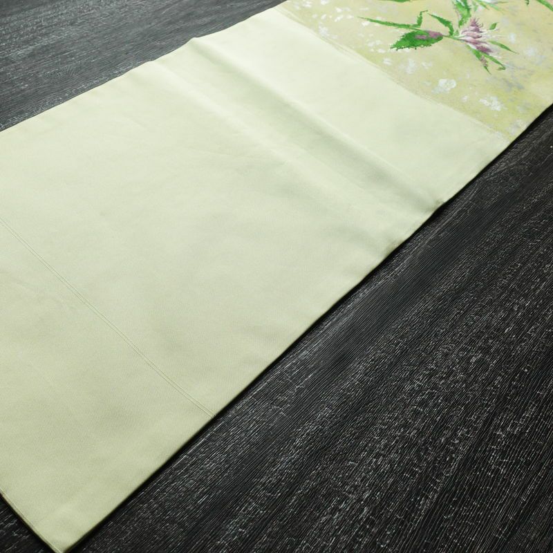 名古屋帯 太鼓柄 正絹 木の葉・植物柄 名古屋仕立て 箔 帯 緑・うぐいす色_画像10