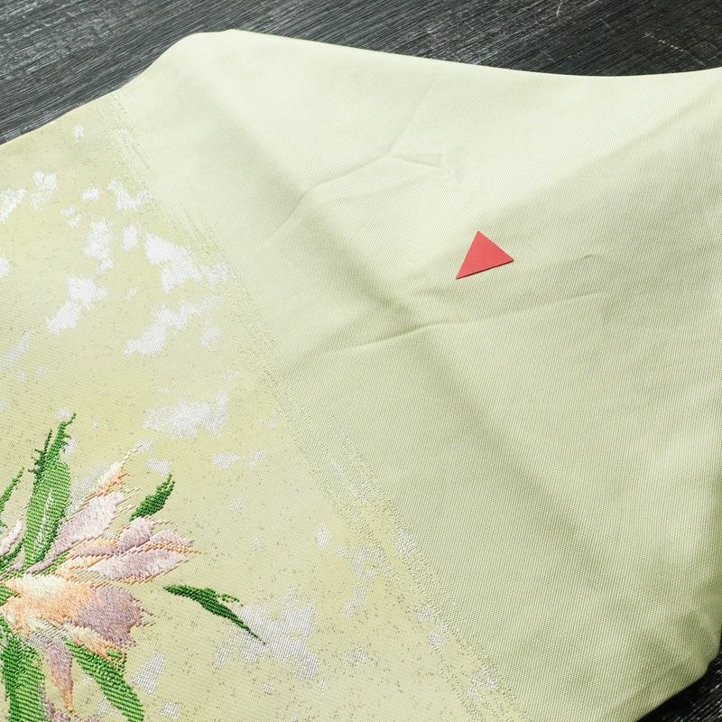 名古屋帯 太鼓柄 正絹 木の葉・植物柄 名古屋仕立て 箔 帯 緑・うぐいす色_画像13