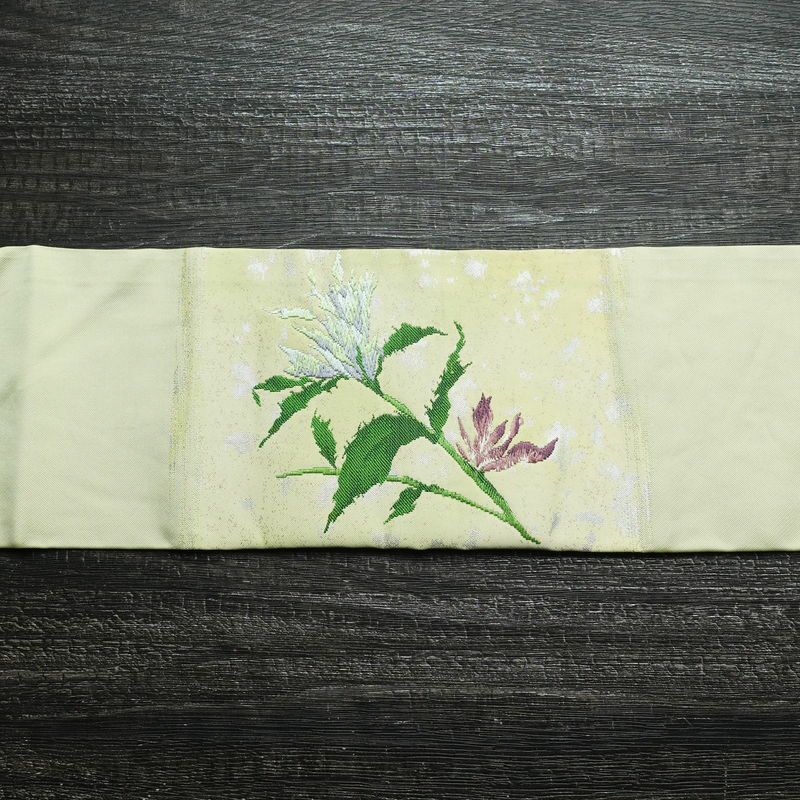 名古屋帯 太鼓柄 正絹 木の葉・植物柄 名古屋仕立て 箔 帯 緑・うぐいす色_画像17