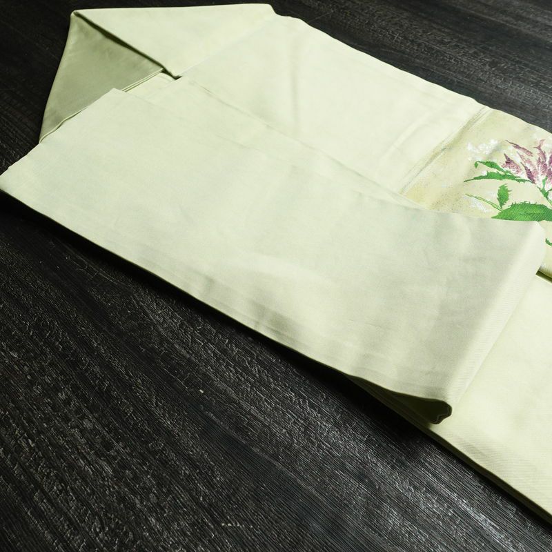 名古屋帯 太鼓柄 正絹 木の葉・植物柄 名古屋仕立て 箔 帯 緑・うぐいす色_画像21