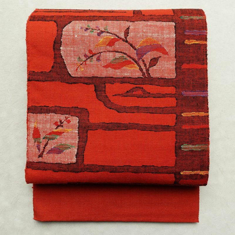 名古屋帯 六通柄 良品 正絹 木の葉・植物柄 通し仕立て 帯 赤・朱_画像1