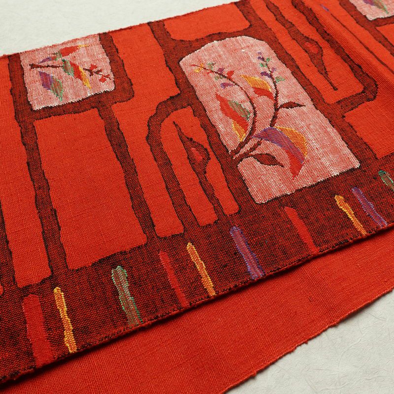 名古屋帯 六通柄 良品 正絹 木の葉・植物柄 通し仕立て 帯 赤・朱_画像11