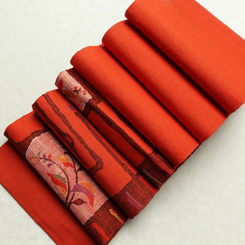 名古屋帯 六通柄 良品 正絹 木の葉・植物柄 通し仕立て 帯 赤・朱_画像18