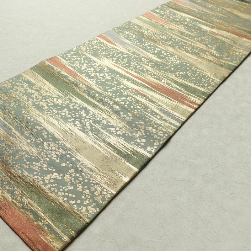 名古屋帯 太鼓柄 正絹 幾何学柄・抽象柄 名古屋仕立て 箔 帯 緑・うぐいす色_画像8