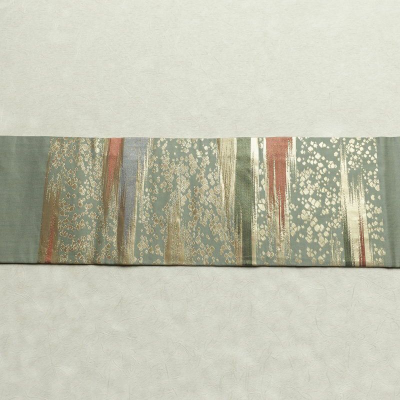 名古屋帯 太鼓柄 正絹 幾何学柄・抽象柄 名古屋仕立て 箔 帯 緑・うぐいす色_画像12