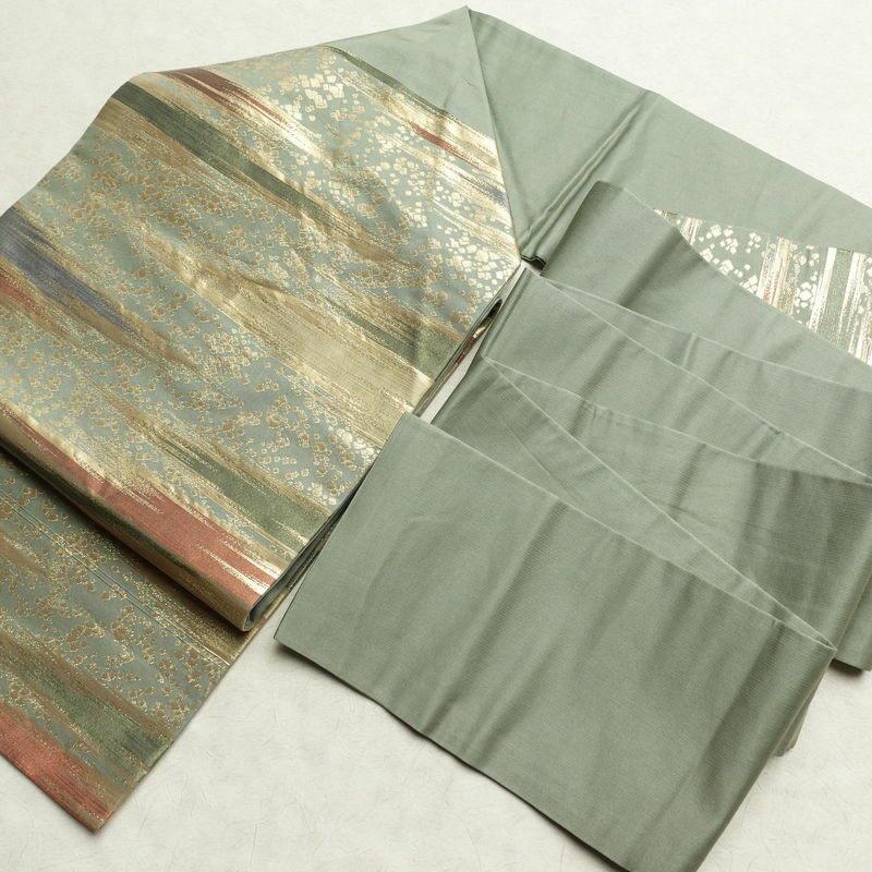 名古屋帯 太鼓柄 正絹 幾何学柄・抽象柄 名古屋仕立て 箔 帯 緑・うぐいす色_画像17