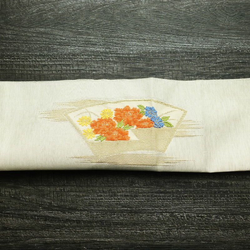 名古屋帯 太鼓柄 正絹 花柄 松葉仕立て 帯 金・銀_画像15