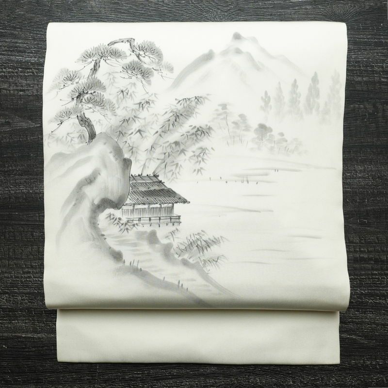 名古屋帯 太鼓柄 良品 正絹 風景柄 名古屋仕立て 帯 白_画像1