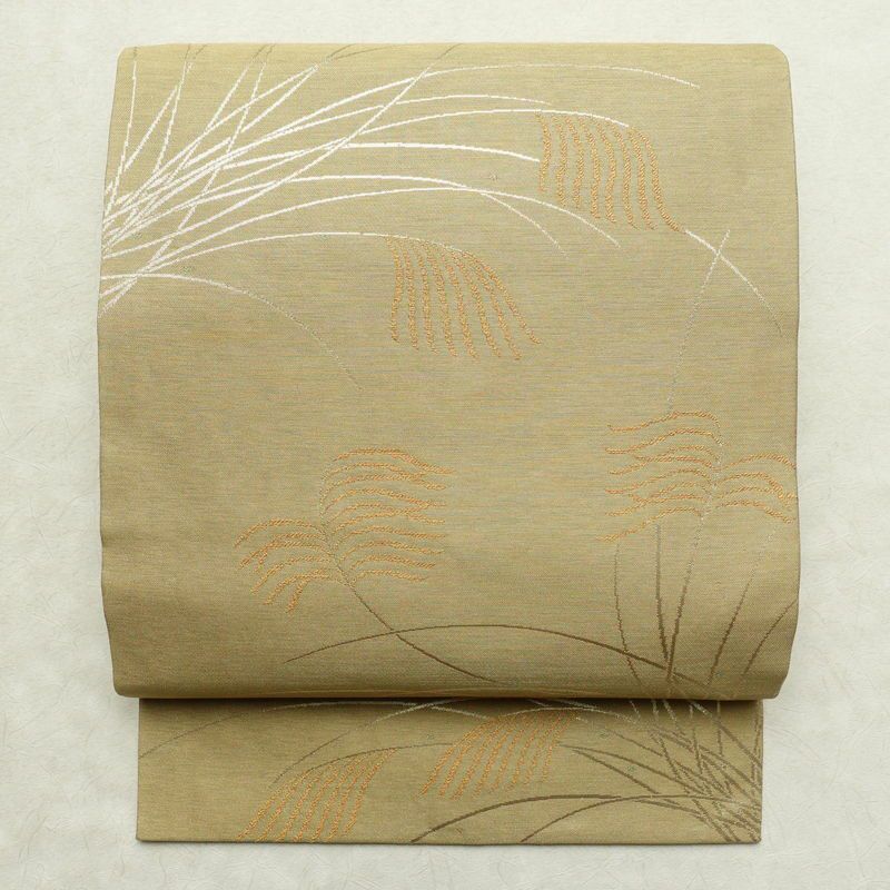 名古屋帯 太鼓柄 美品 正絹 木の葉・植物柄 名古屋仕立て 帯 ベージュ_画像1