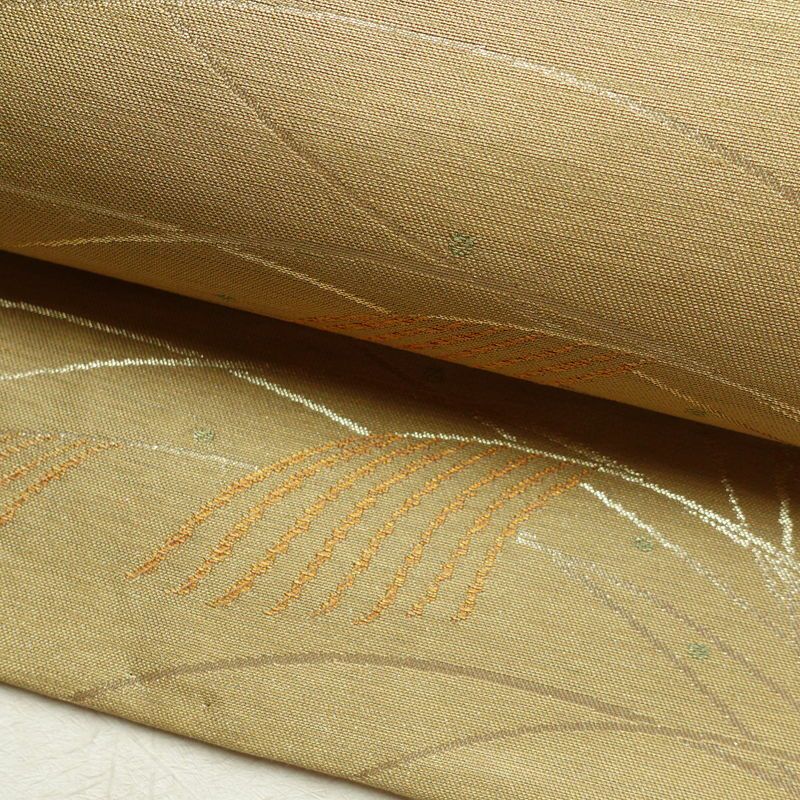 名古屋帯 太鼓柄 美品 正絹 木の葉・植物柄 名古屋仕立て 帯 ベージュ_画像8