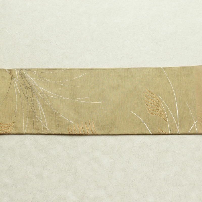 名古屋帯 太鼓柄 美品 正絹 木の葉・植物柄 名古屋仕立て 帯 ベージュ_画像14