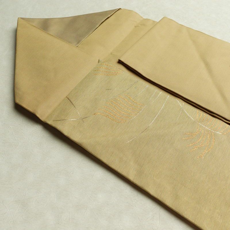 名古屋帯 太鼓柄 美品 正絹 木の葉・植物柄 名古屋仕立て 帯 ベージュ_画像21