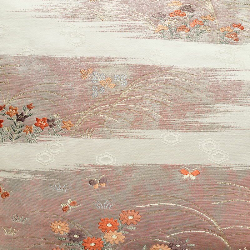 名古屋帯 六通柄 良品 正絹 花柄 名古屋仕立て 箔 金糸 帯 白_画像2