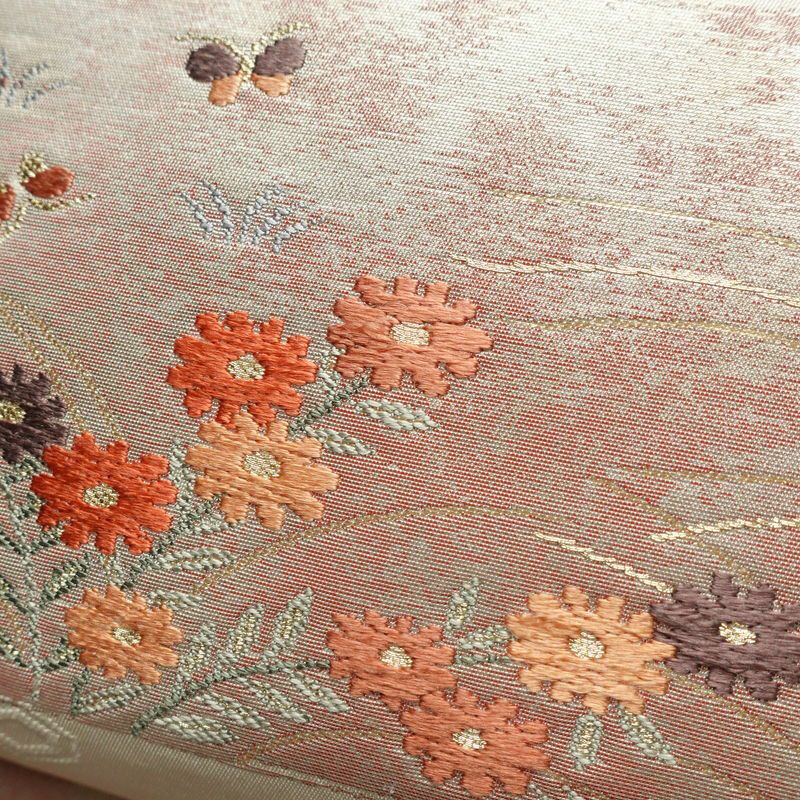 名古屋帯 六通柄 良品 正絹 花柄 名古屋仕立て 箔 金糸 帯 白_画像3