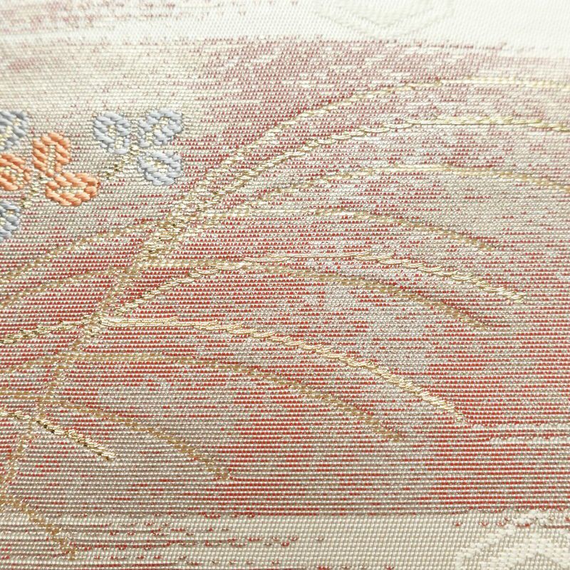 名古屋帯 六通柄 良品 正絹 花柄 名古屋仕立て 箔 金糸 帯 白_画像4