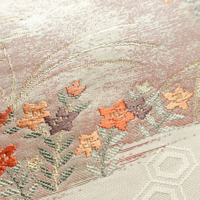 名古屋帯 六通柄 良品 正絹 花柄 名古屋仕立て 箔 金糸 帯 白_画像5