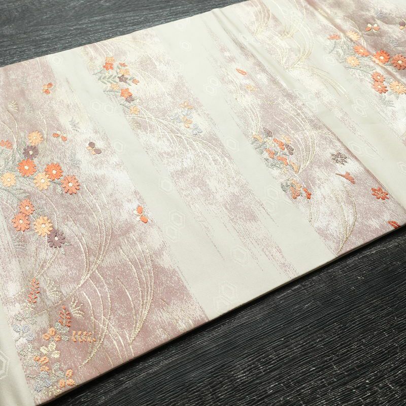 名古屋帯 六通柄 良品 正絹 花柄 名古屋仕立て 箔 金糸 帯 白_画像11