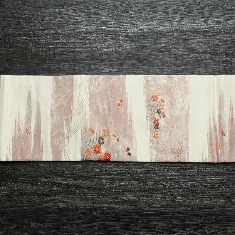 名古屋帯 六通柄 良品 正絹 花柄 名古屋仕立て 箔 金糸 帯 白_画像13