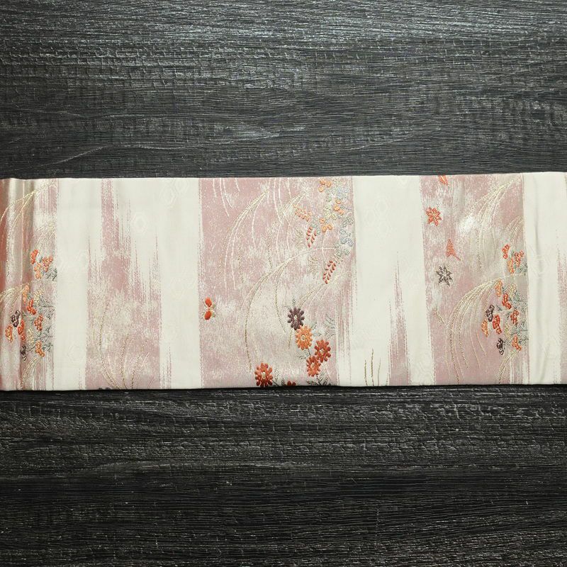 名古屋帯 六通柄 良品 正絹 花柄 名古屋仕立て 箔 金糸 帯 白_画像14