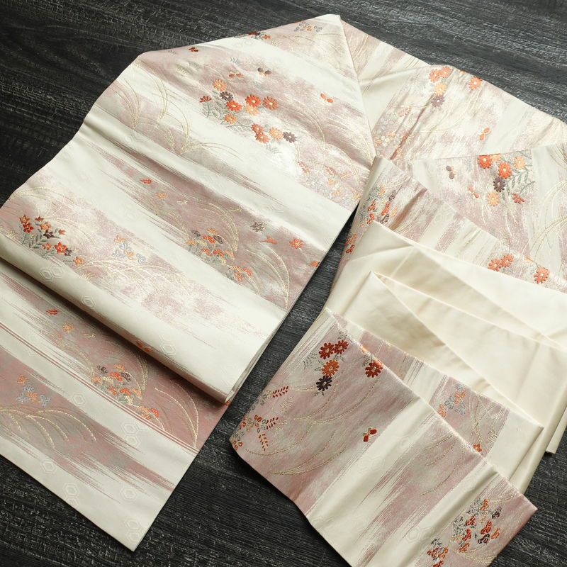 名古屋帯 六通柄 良品 正絹 花柄 名古屋仕立て 箔 金糸 帯 白_画像17