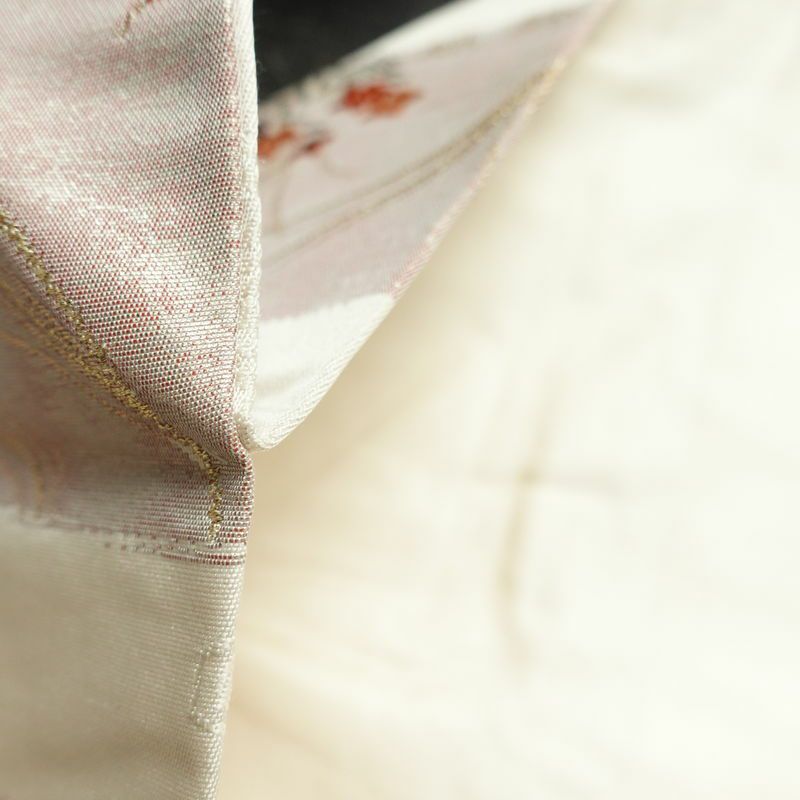 名古屋帯 六通柄 良品 正絹 花柄 名古屋仕立て 箔 金糸 帯 白_画像20