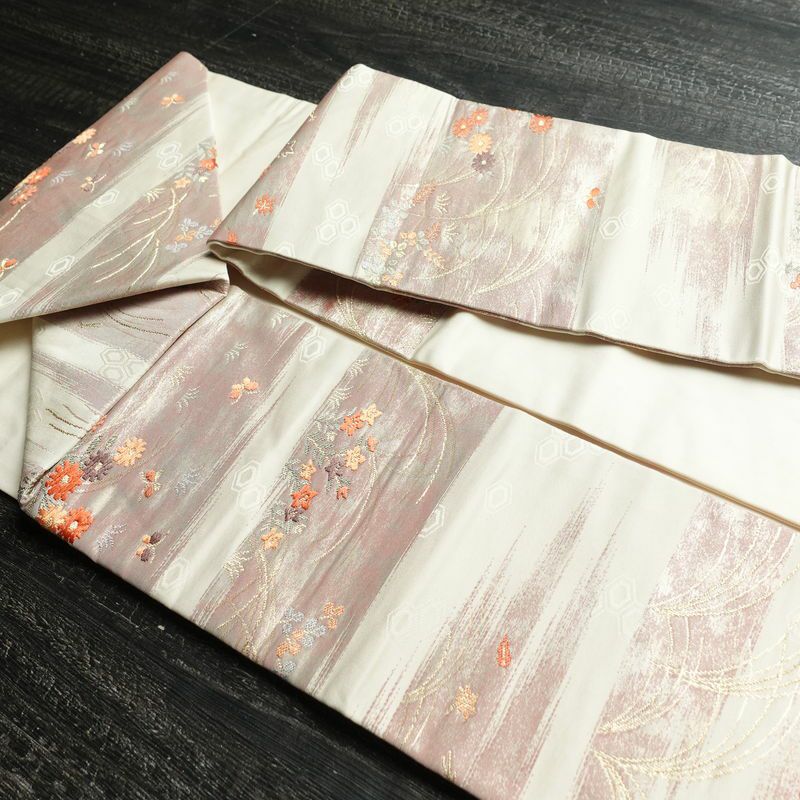 名古屋帯 六通柄 良品 正絹 花柄 名古屋仕立て 箔 金糸 帯 白_画像21