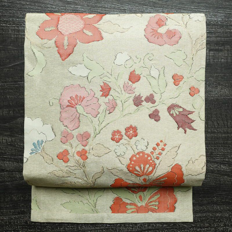 名古屋帯 六通柄 良品 正絹 花柄 名古屋仕立て 金糸 帯 ベージュ_画像1
