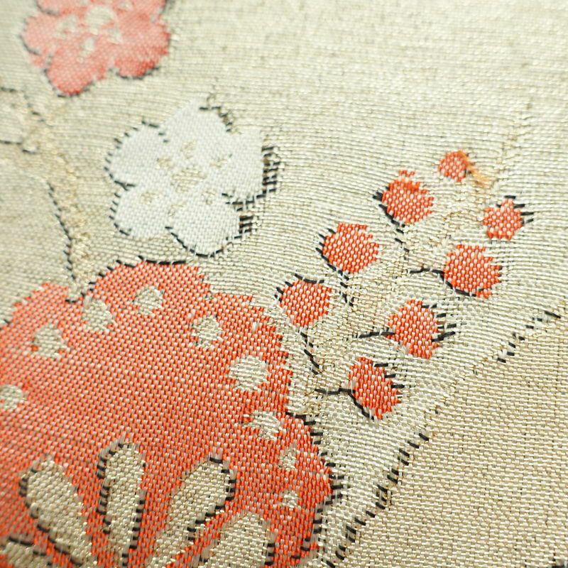 名古屋帯 六通柄 良品 正絹 花柄 名古屋仕立て 金糸 帯 ベージュ_画像3