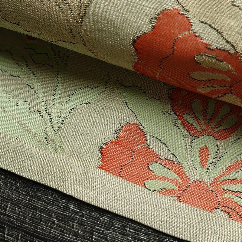 名古屋帯 六通柄 良品 正絹 花柄 名古屋仕立て 金糸 帯 ベージュ_画像8