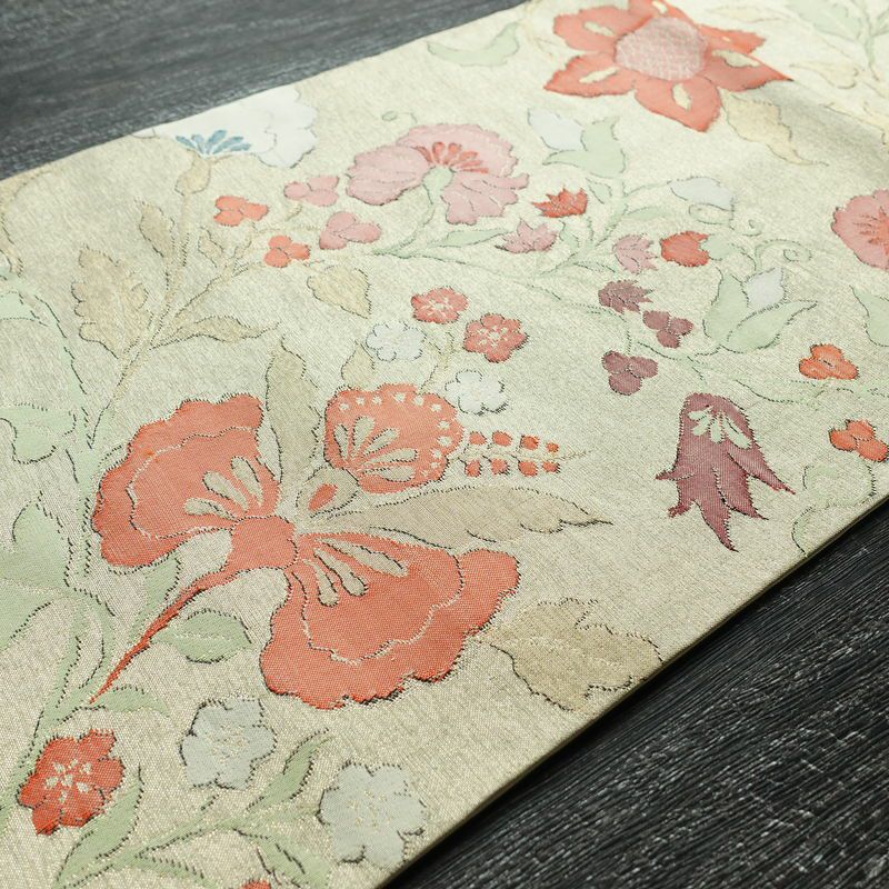 名古屋帯 六通柄 良品 正絹 花柄 名古屋仕立て 金糸 帯 ベージュ_画像12