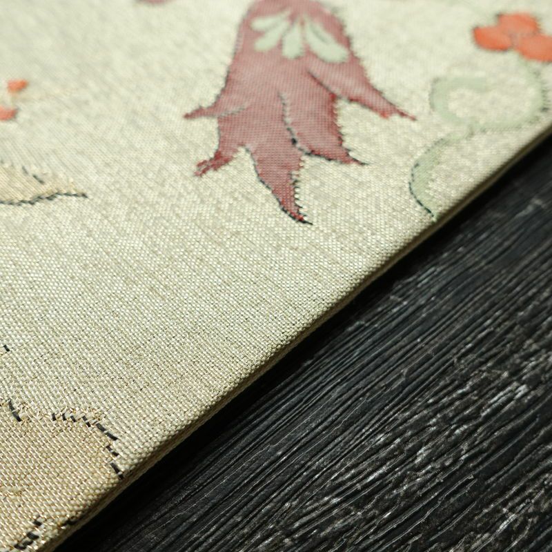 名古屋帯 六通柄 良品 正絹 花柄 名古屋仕立て 金糸 帯 ベージュ_画像13