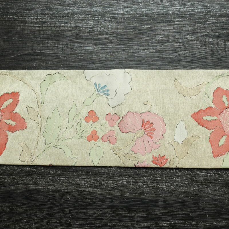 名古屋帯 六通柄 良品 正絹 花柄 名古屋仕立て 金糸 帯 ベージュ_画像14