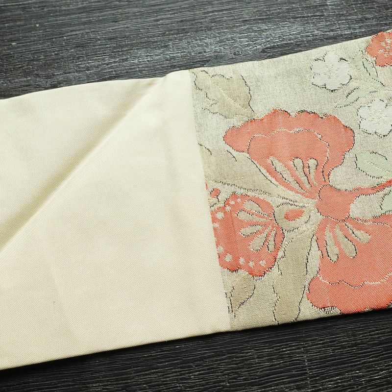 名古屋帯 六通柄 良品 正絹 花柄 名古屋仕立て 金糸 帯 ベージュ_画像16