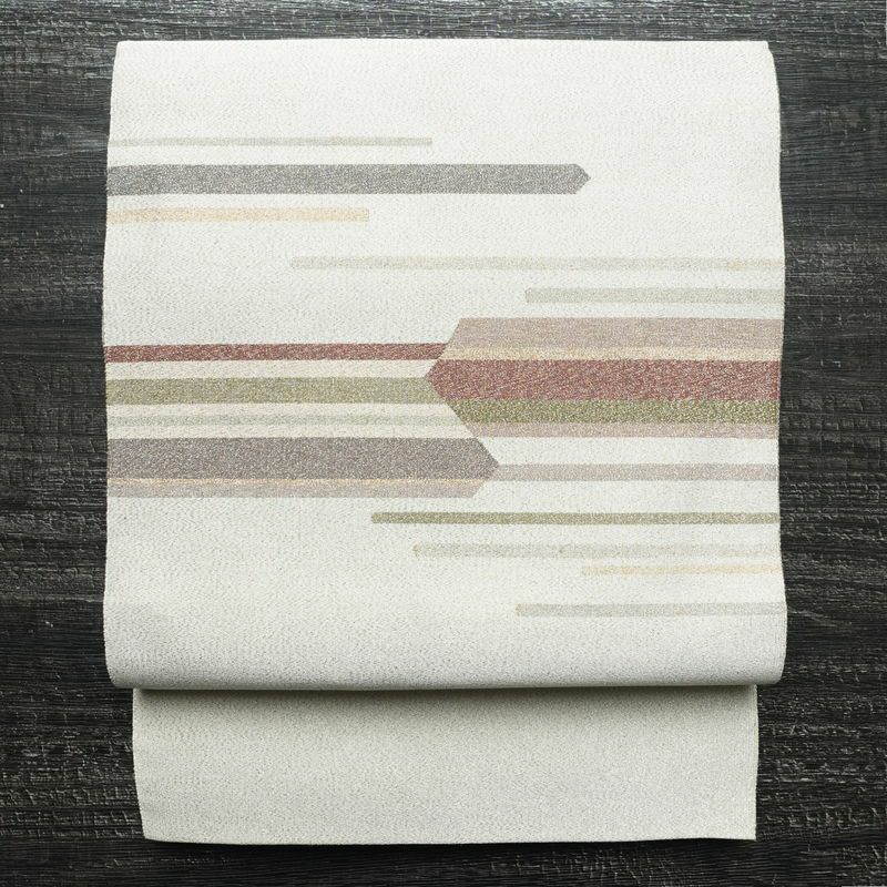 名古屋帯 つづれ織 太鼓柄 正絹 幾何学柄・抽象柄 松葉仕立て 銀糸 帯 金・銀_画像1