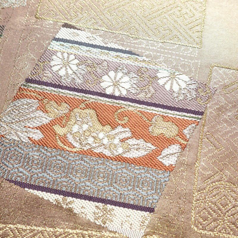 名古屋帯 太鼓柄 正絹 古典柄 名古屋仕立て 箔 金糸 帯 くすみパープル 紫・藤色_画像3
